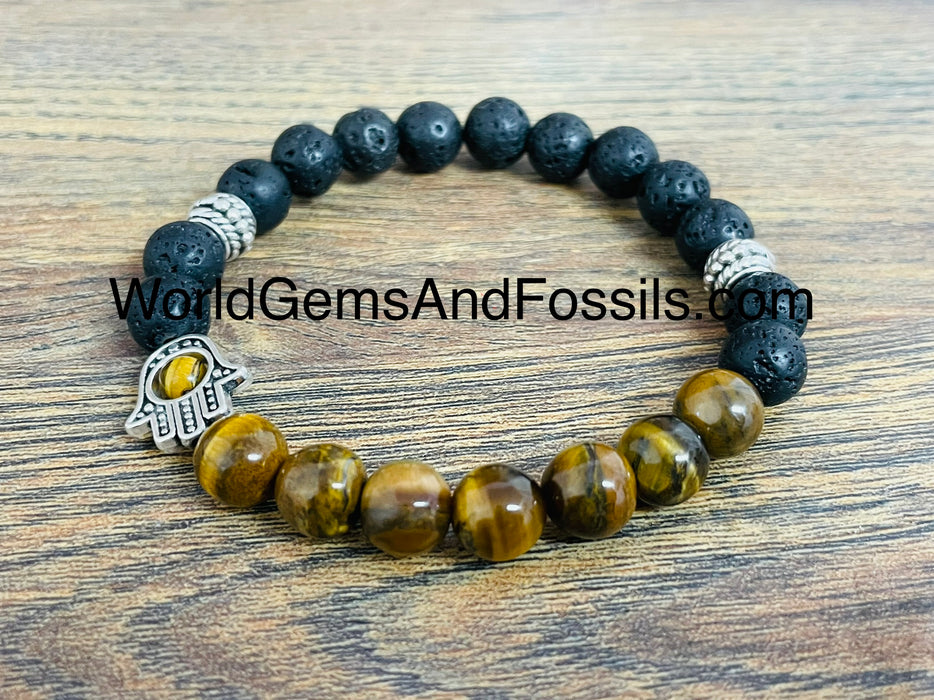 Yellow Tiger Eye Lava Bracelet With Hamsa Hand 8mm