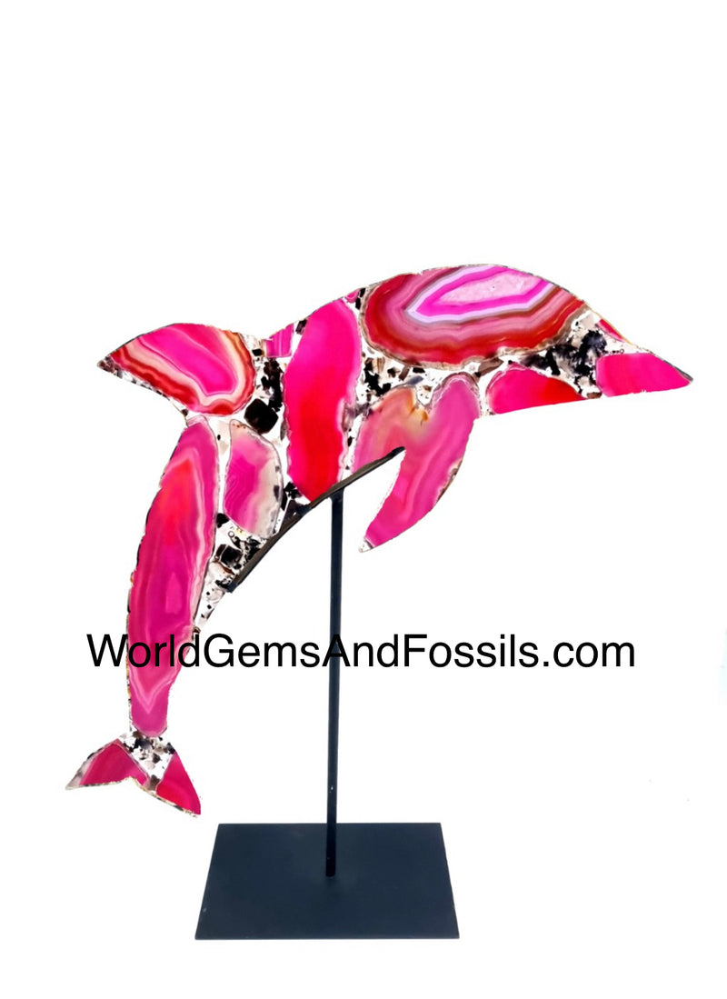 Pink Agate Dolphin On Metal Stand 16cm Pre Order