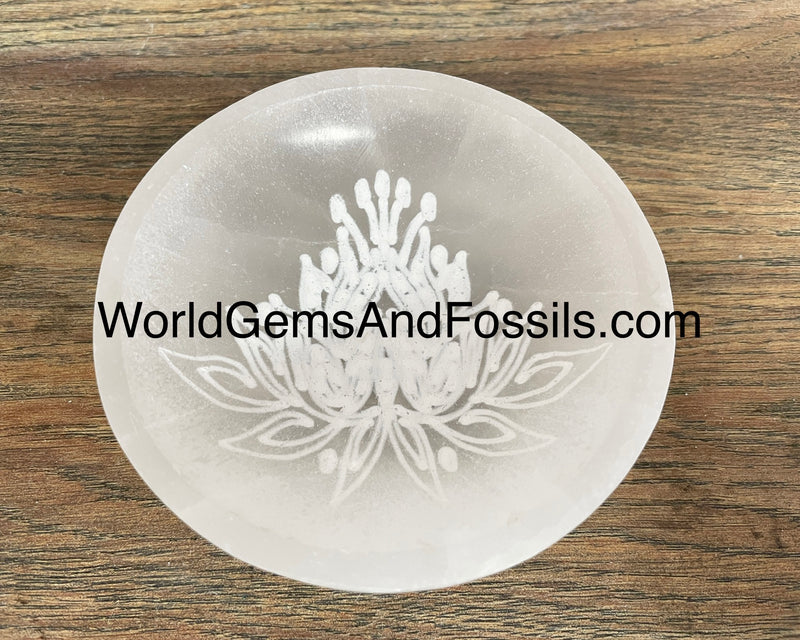 4" Selenite Bowl With Lotus Flower Engraving