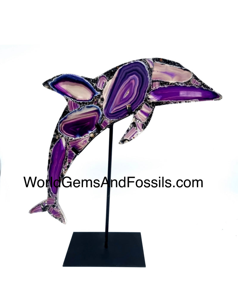 Purple Agate Dolphin On Metal Stand 16cm Pre Order