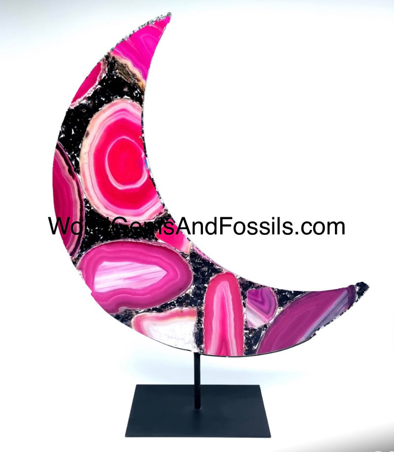 Pink Agate Moon On Metal Stand 17cm