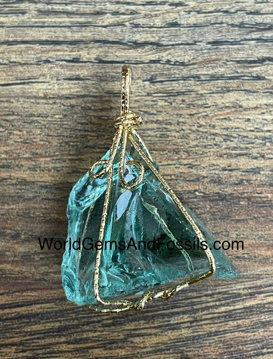 Aqua Obsidian Pendant Rough Wrapped