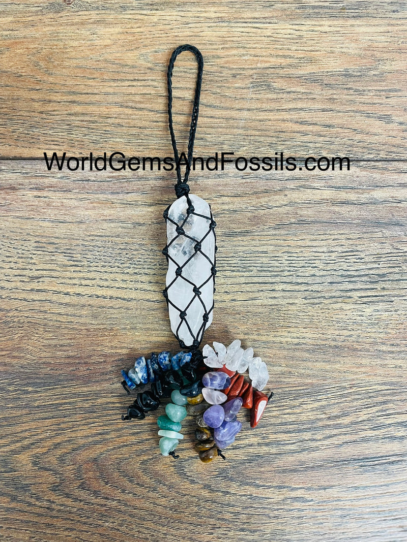 Clear Quartz Point Car Mobile With Chakra Beads