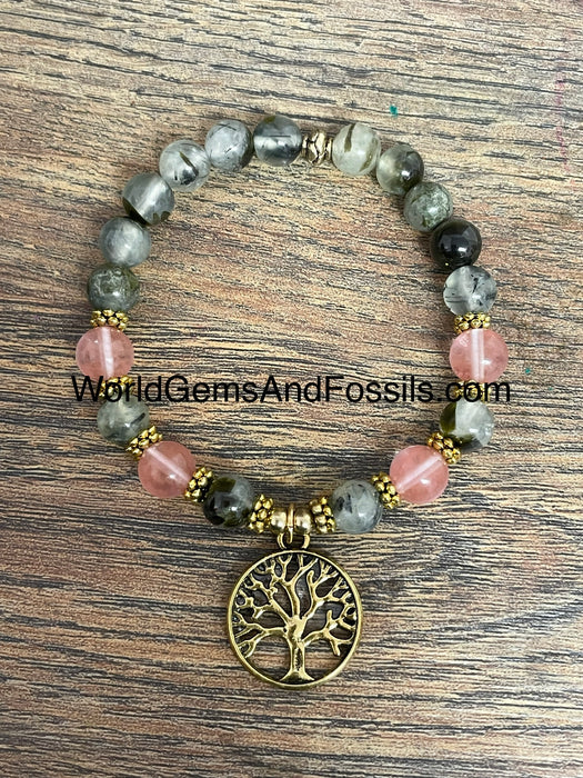 Prehnite Cherry Quartz Bracelet With Tree Of Life Charm 8mm