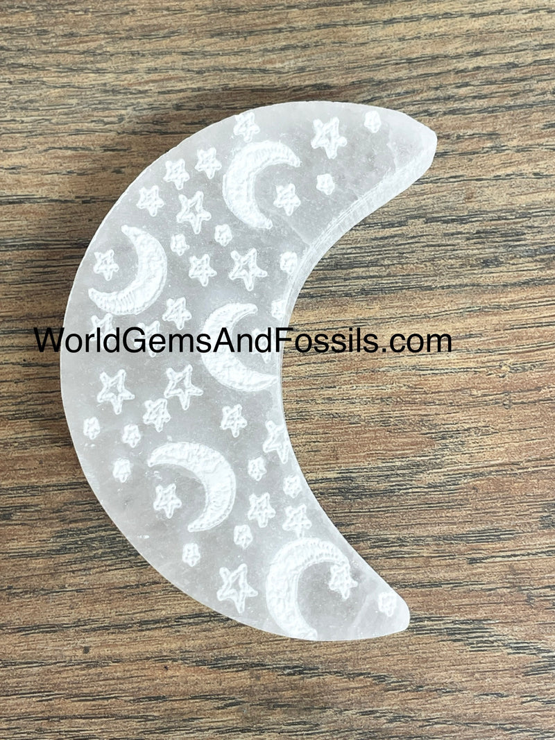 Selenite Moon Engraved With Moon and Star
