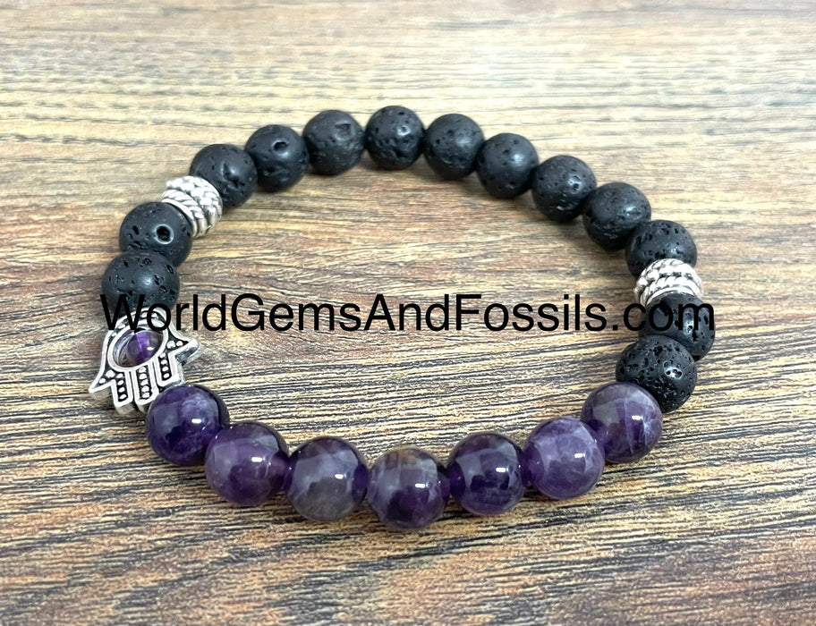 Amethyst Lava Bracelet With Hamsa Hand 8mm