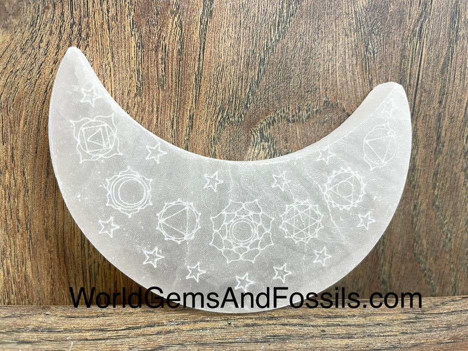 Selenite Chakra Moon Engraving 4”