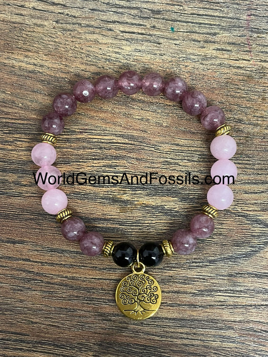 Rose Quartz Black Onyx Bracelet With Tree Of Life Charm 8mm