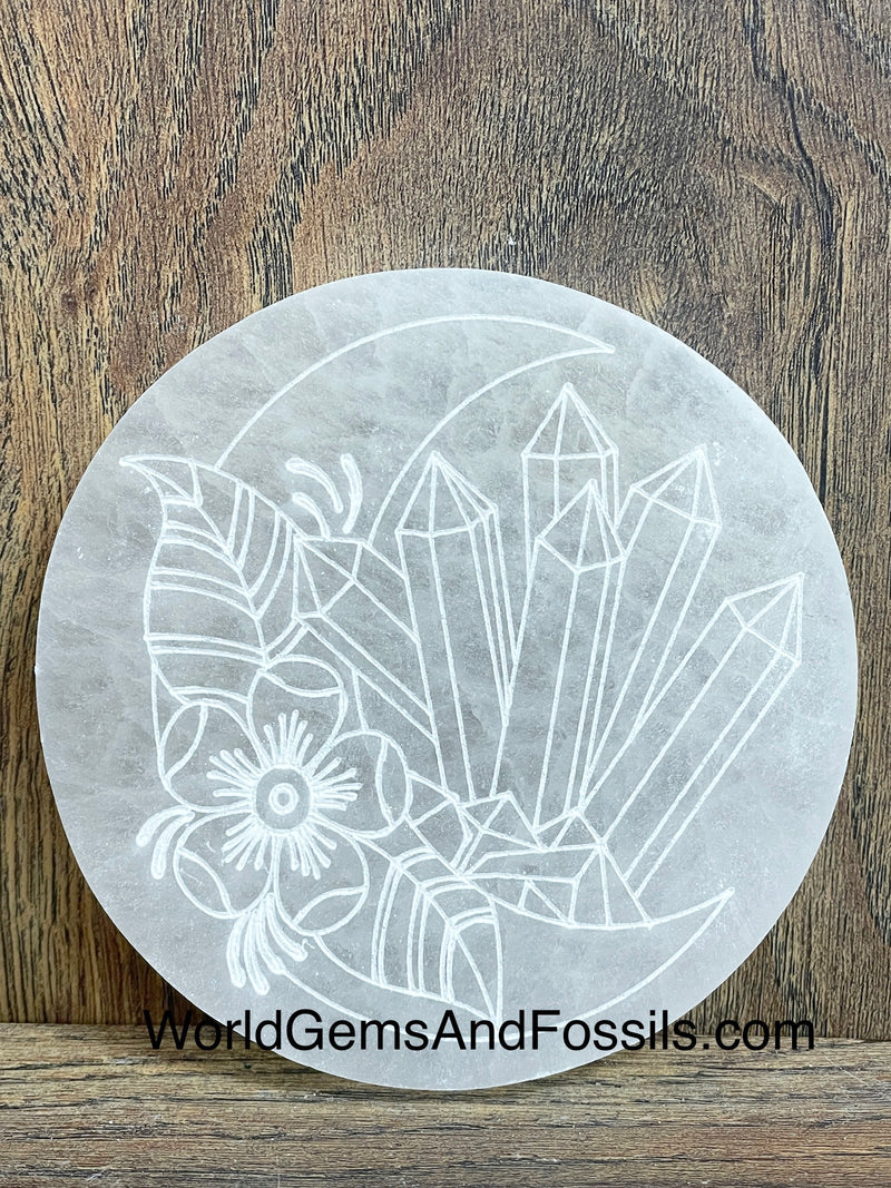Selenite Plate Moon Crystal Engrave Circle 4"