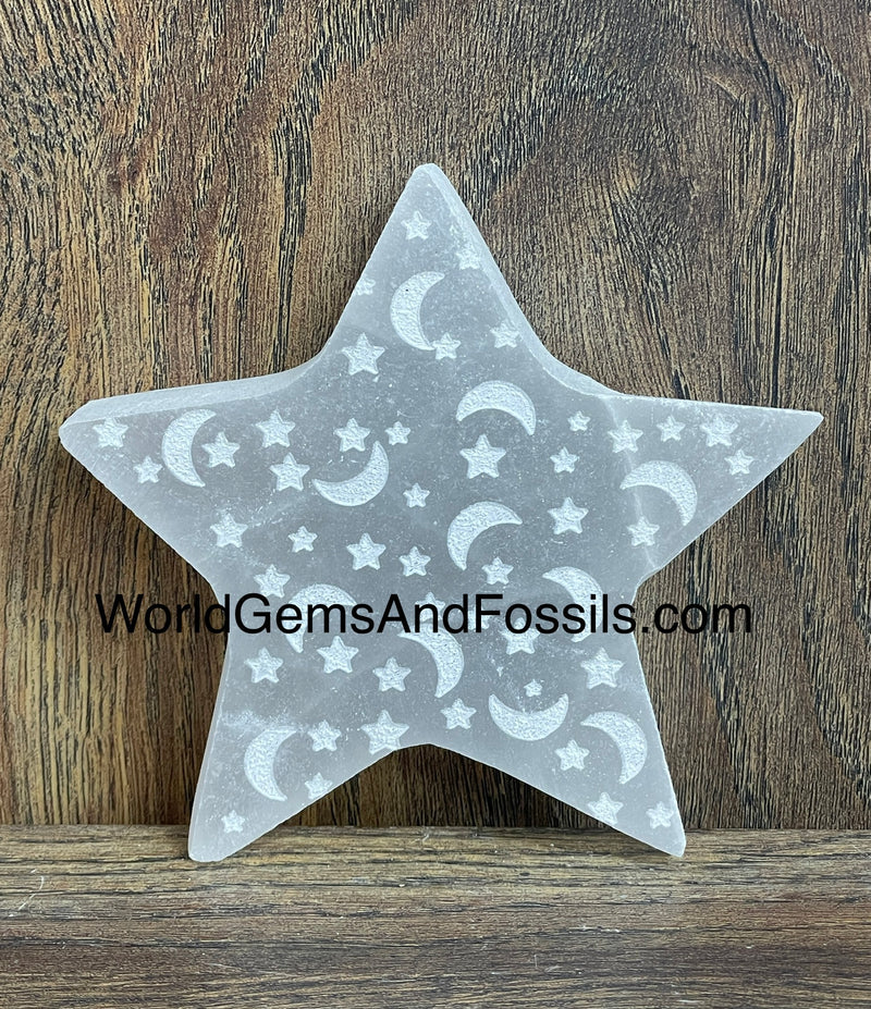 Selenite Star Engraved With Moon and Star
