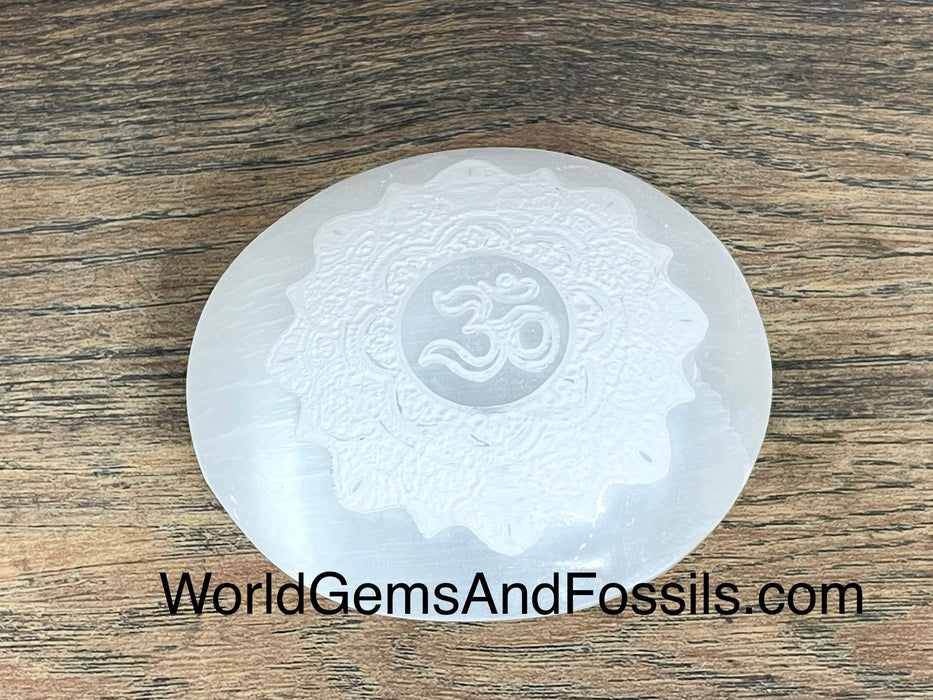 Selenite Om Palm Stone