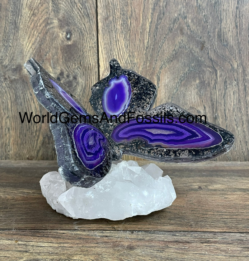 Purple Agate Butterfly On Quartz Base
