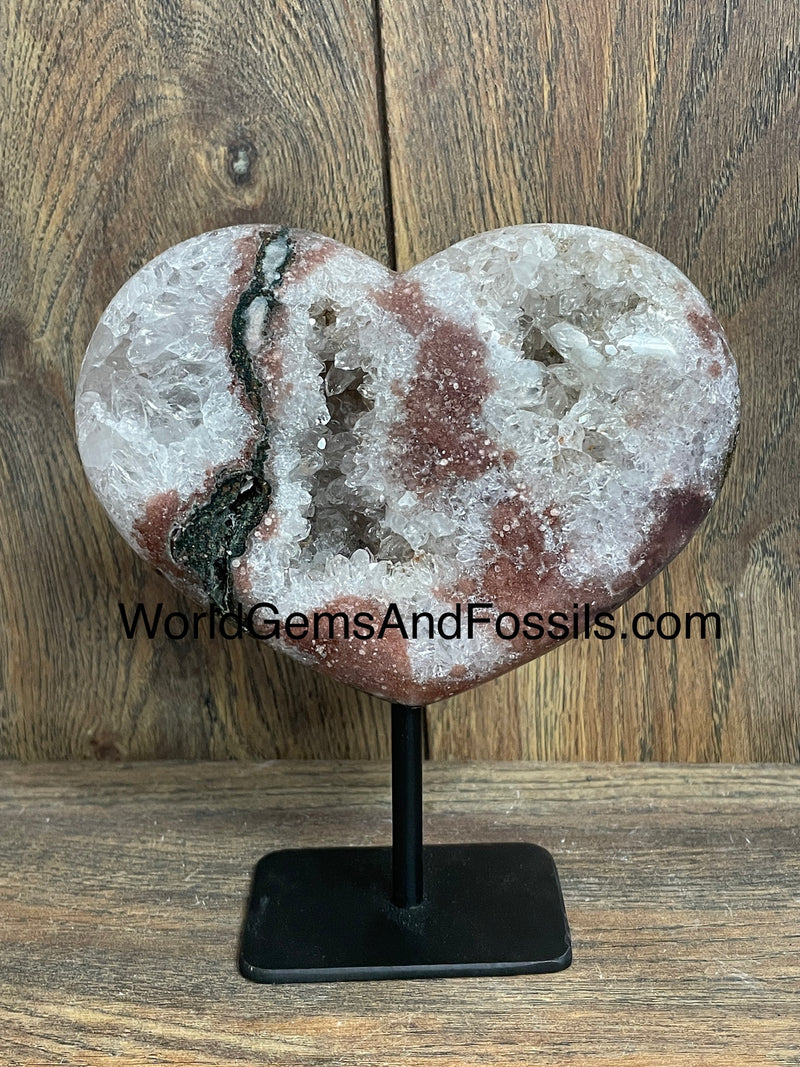 Pink Amethyst Heart On Silver Stand 5”