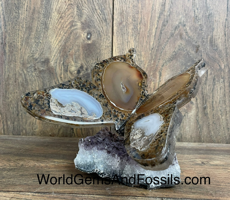 Brown Agate Butterfly On Amethyst Base