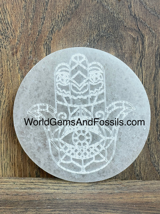 Selenite Plate Hamsa Hand Circle 4"