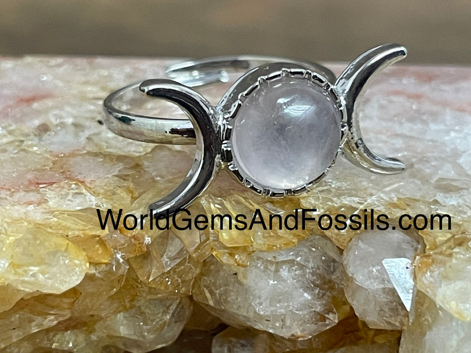 Rose Quartz Triple Moon Ring Silver Plated