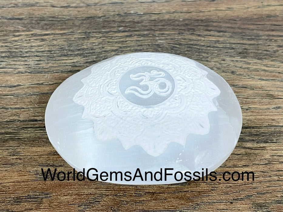 Selenite Om Palm Stone