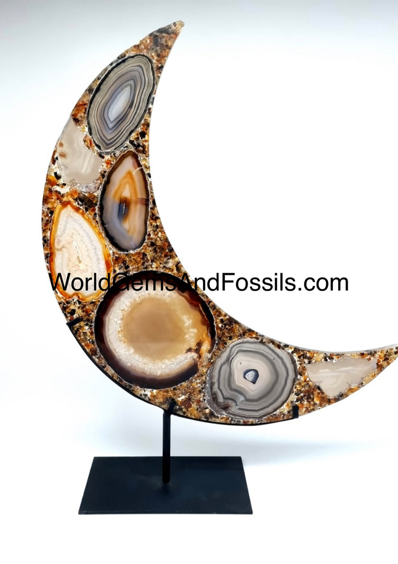 Brown Agate Moon On Metal Stand 17cm