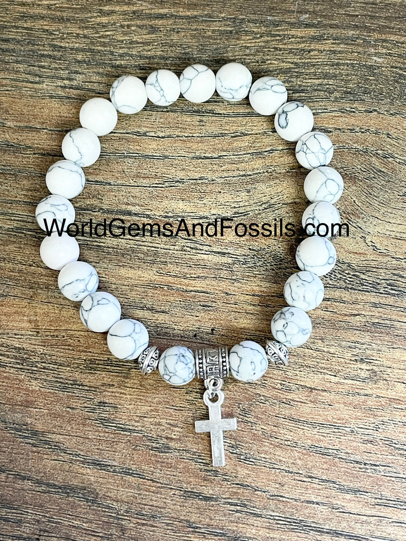 White Howlite Bracelet With Cross