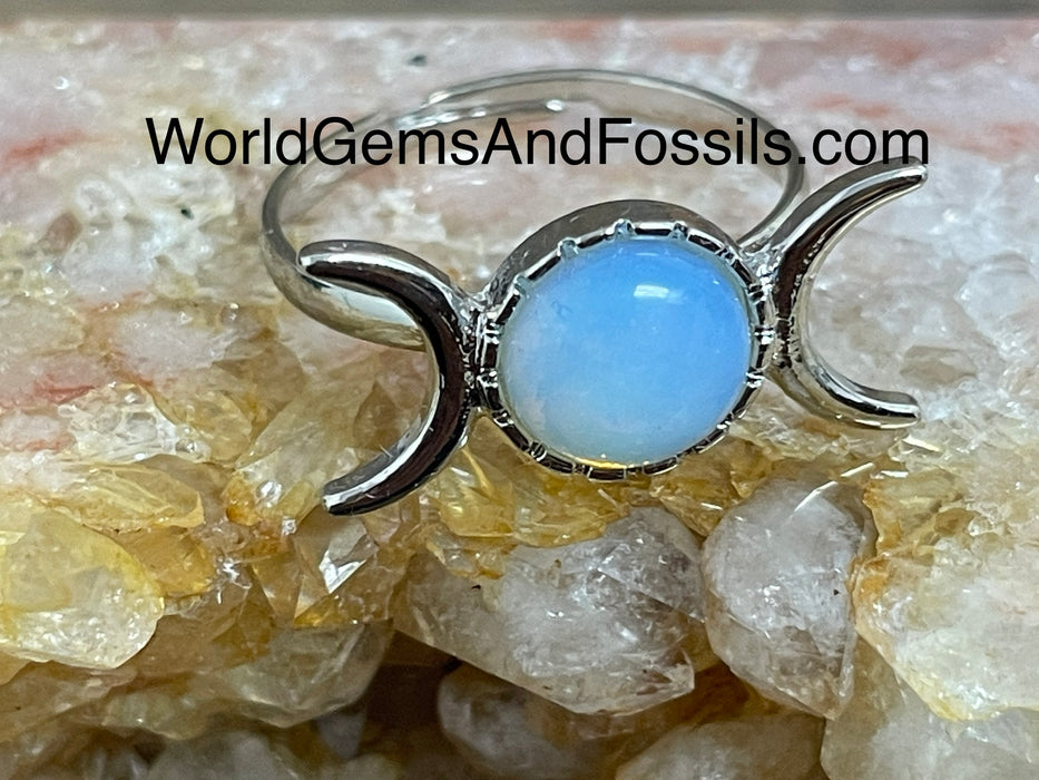 Opalite Triple Moon Ring Silver Plated