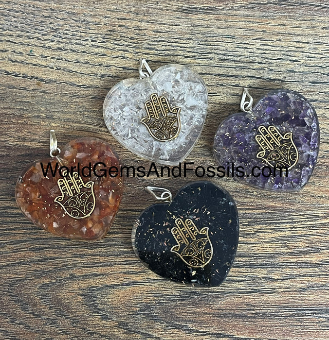 Gemstone Orgone Pendant With Hamsa Hand Heart