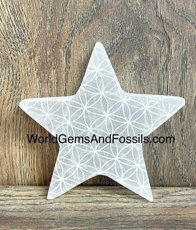 Selenite Star Engraved With Flower Of Life