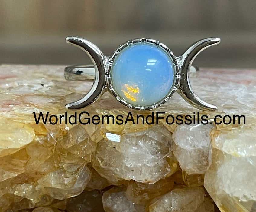 Opalite Triple Moon Ring Silver Plated