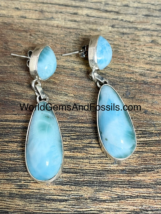 Larimar Earring Tear Drop Double Stone Dangle Sterling Silver