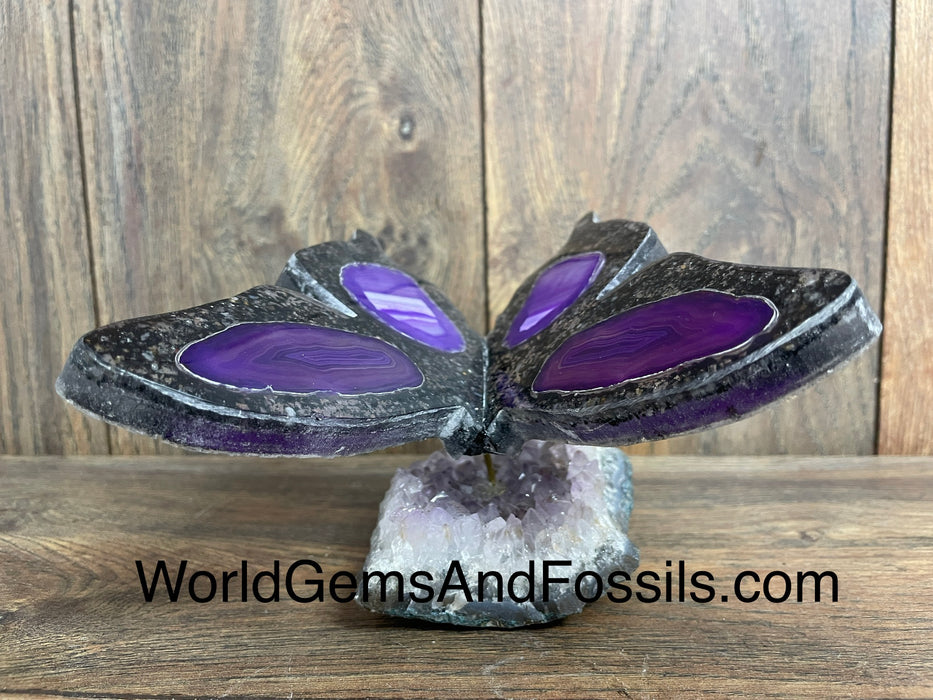 Purple Agate Butterfly On Amethyst Base