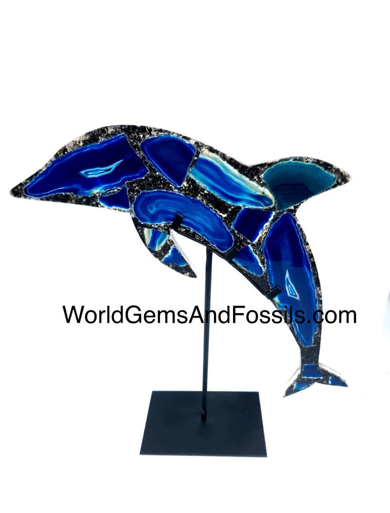 Blue Agate Dolphin On Metal Stand 36cm Pre Order