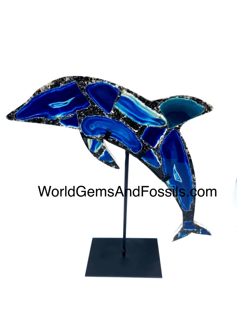 Blue Agate Dolphin On Metal Stand 16cm Pre Order