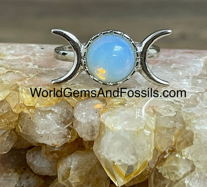 Opalite Triple Moon Ring Silver Plated