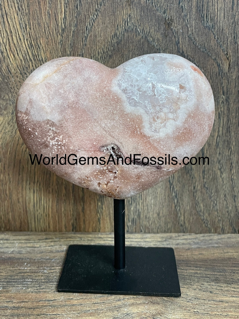 Pink Amethyst Heart On Silver Stand 4”