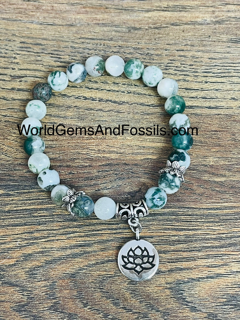 Green Moss Agate Bracelet With Lotus Flower Charm 8mm