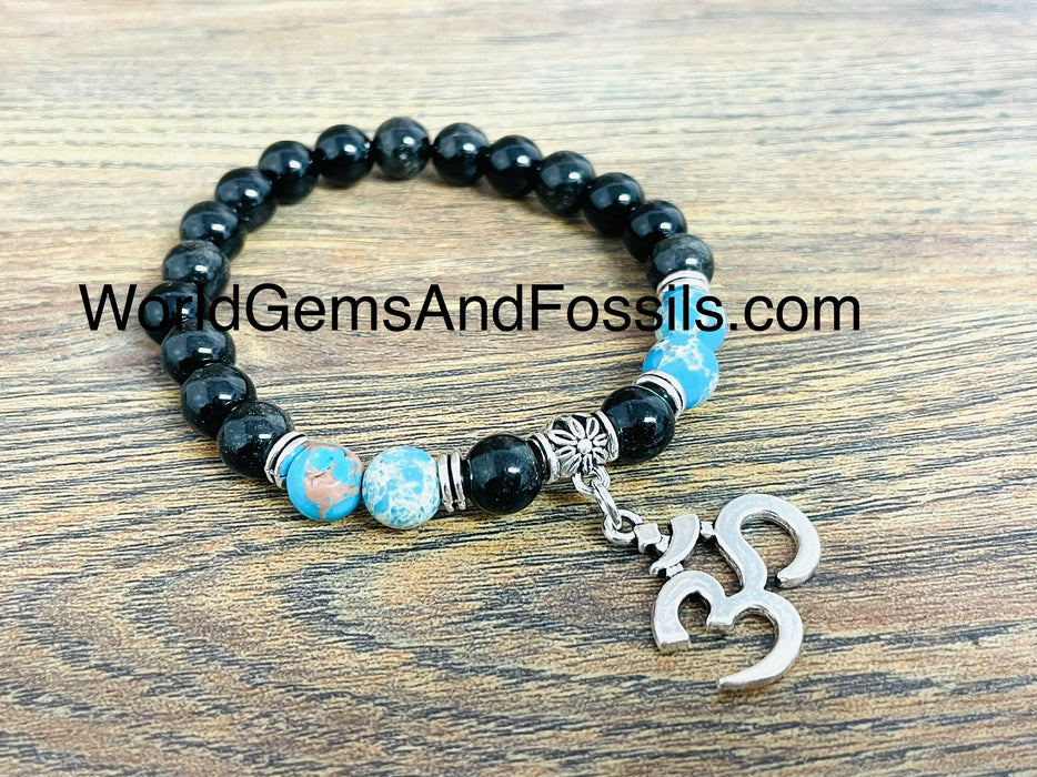 Chrysocolla Bracelet With Lava Stone OM Charm