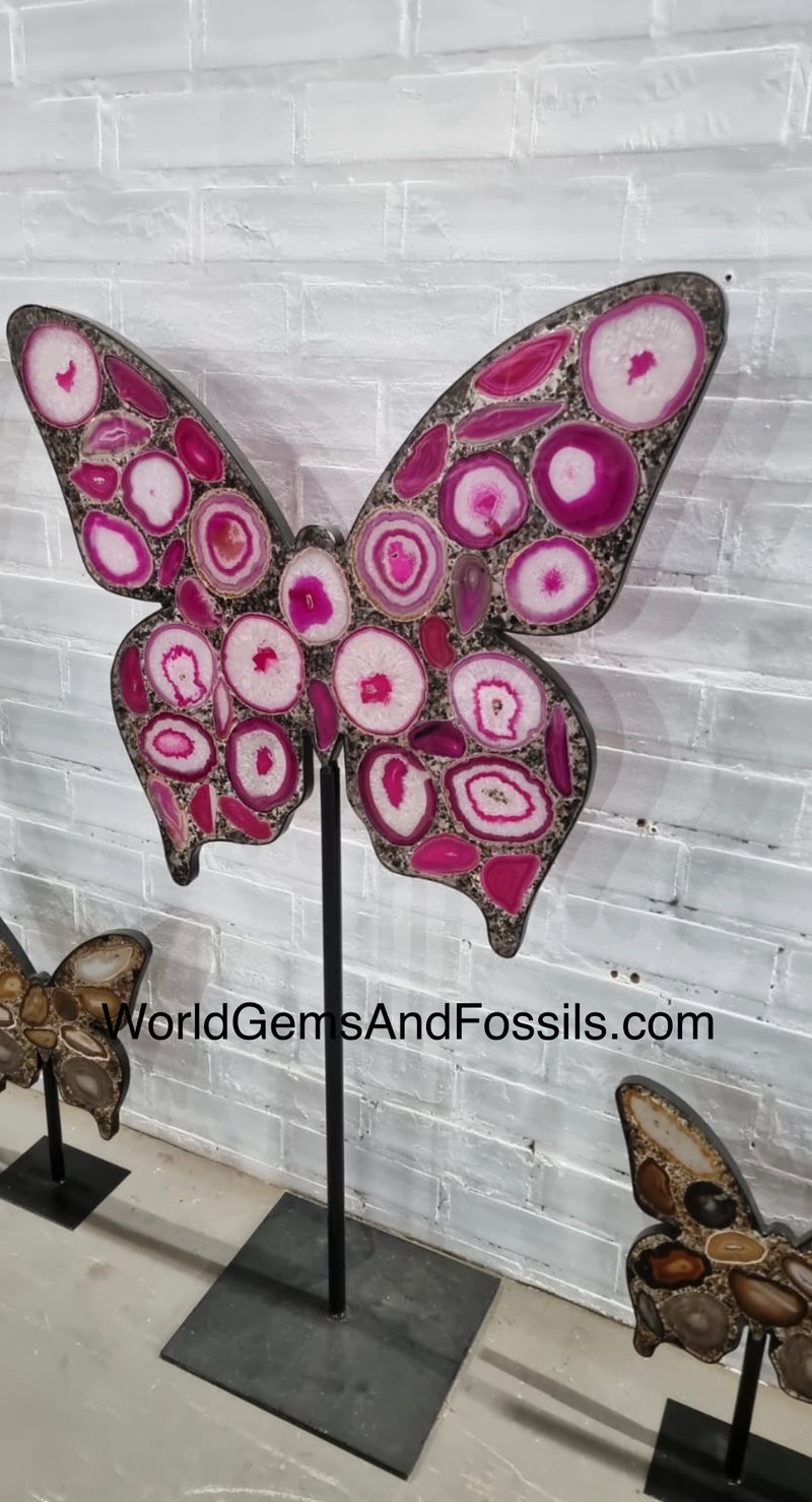 Pink Agate Butterfly On Metal Stand 147cm Pre Order