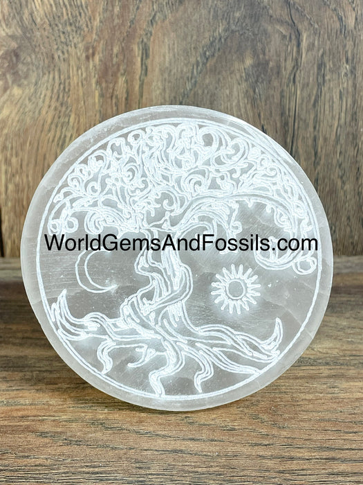 Selenite Tree Of Life Engraved Plate Circle 4”