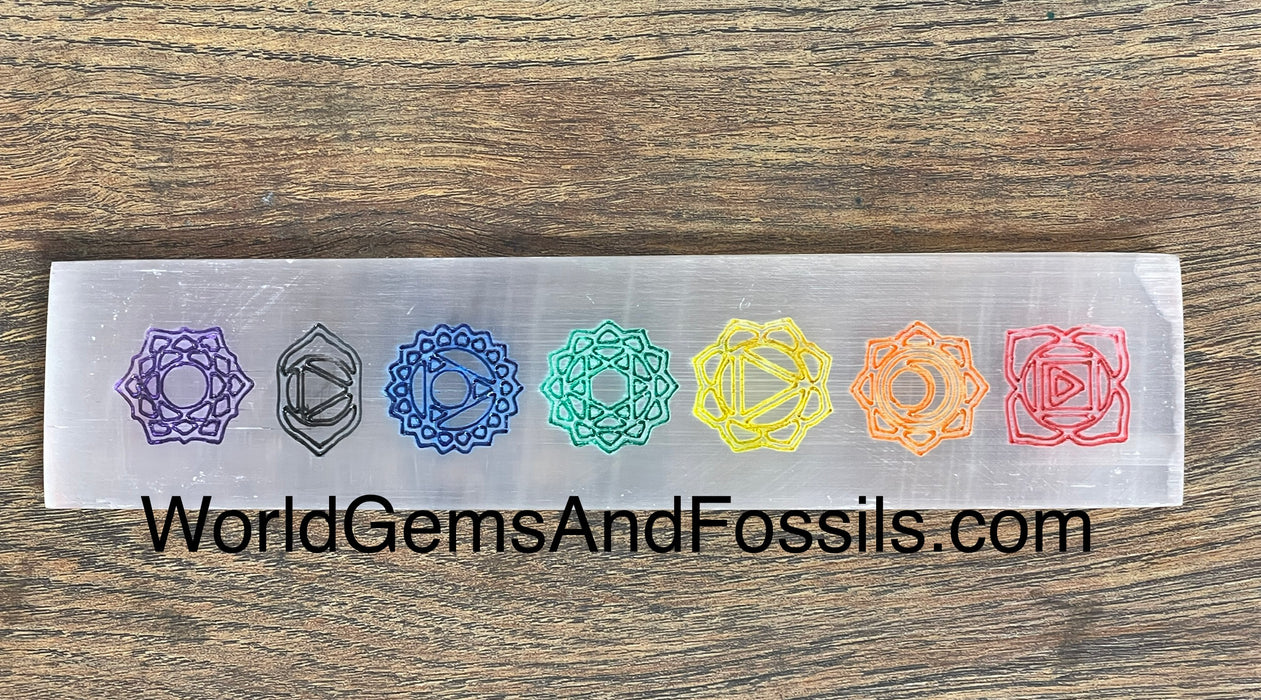 Selenite Ruler Engraved Chakra Symbols Color 8"