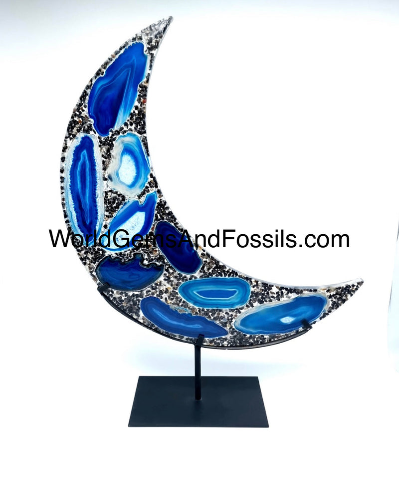 Blue Agate Moon On Metal Stand 47cm