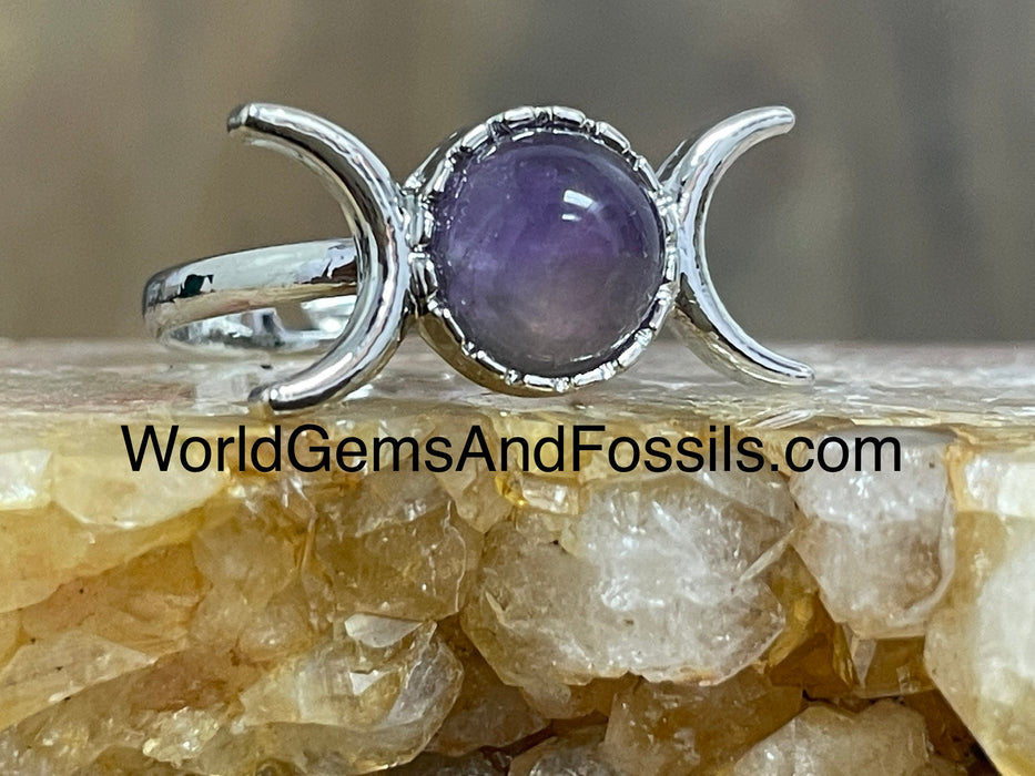 Amethyst Triple Moon Ring Silver Plated