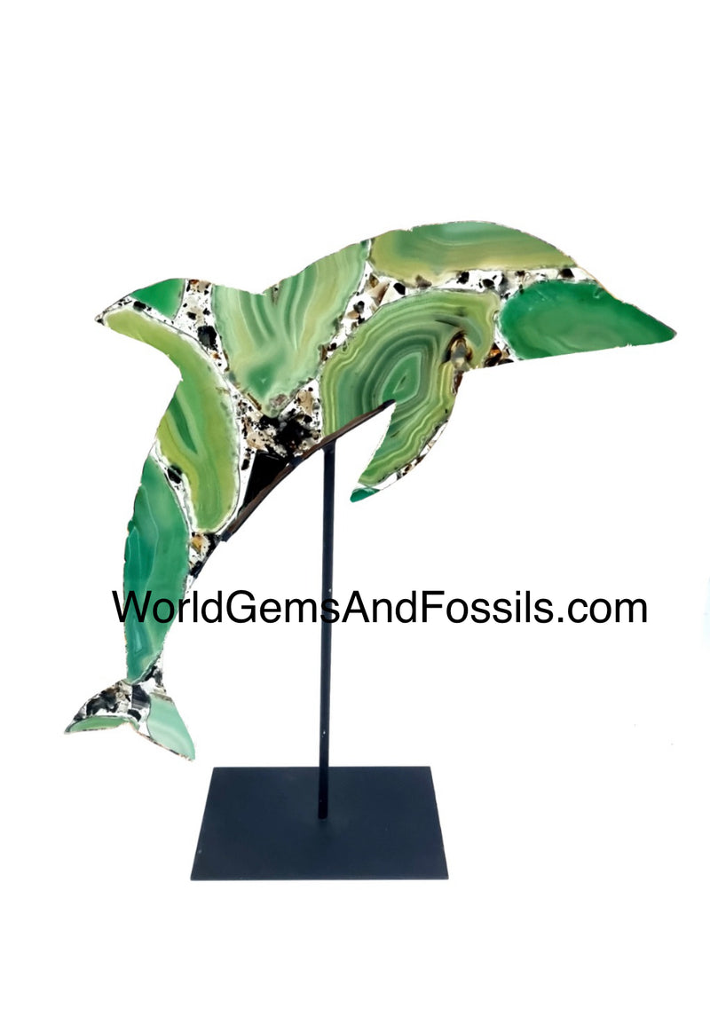 Green Agate Dolphin On Metal Stand 16cm