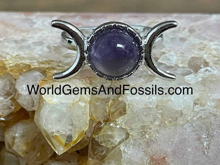 Amethyst Triple Moon Ring Silver Plated