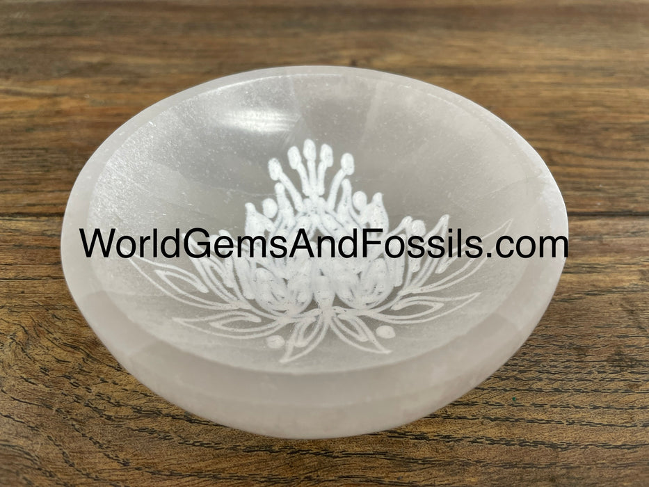 4" Selenite Bowl With Lotus Flower Engraving