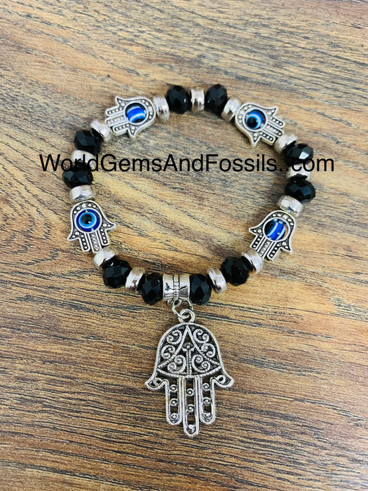 Eye Hamsa Hand Bracelet With Black Beads