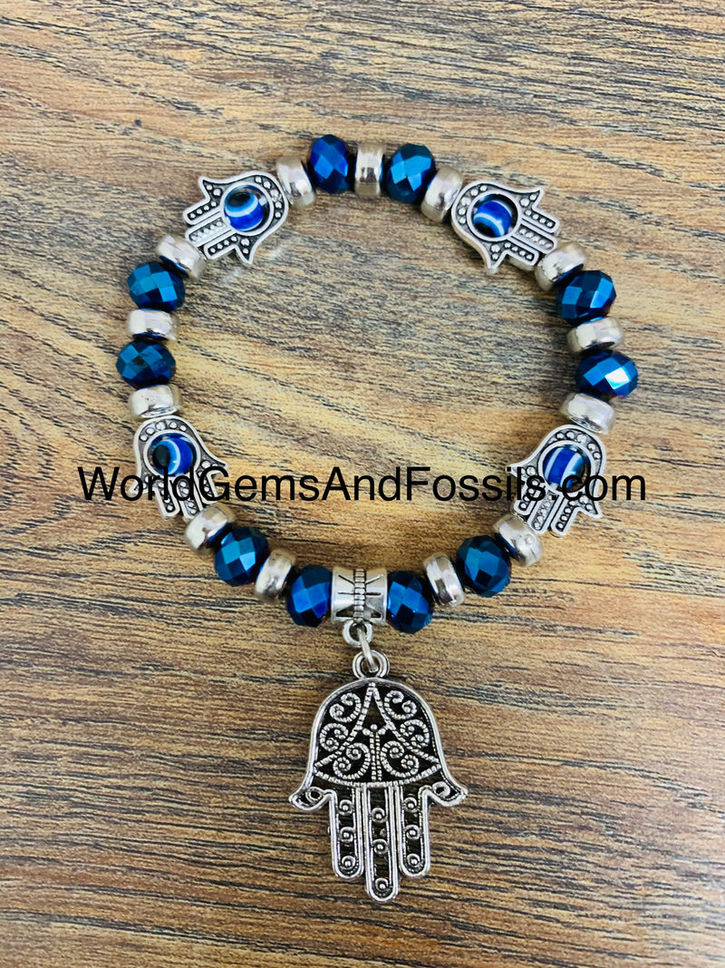 Eye Hamsa Hand Bracelet With Blue Beads