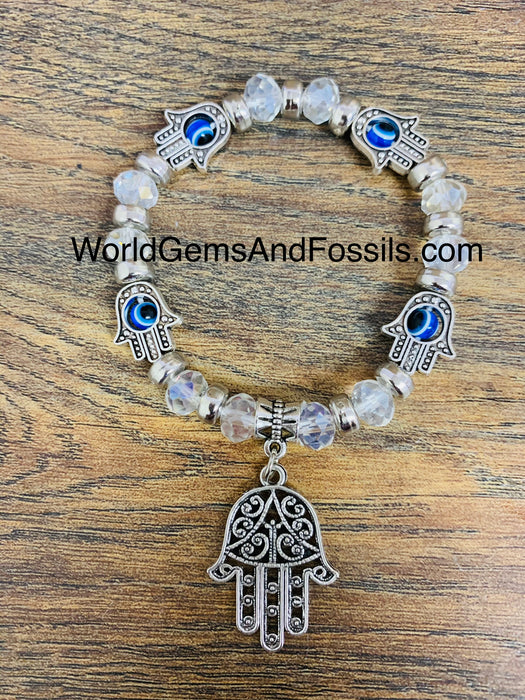 Eye Hamsa Hand Bracelet With Clear Beads