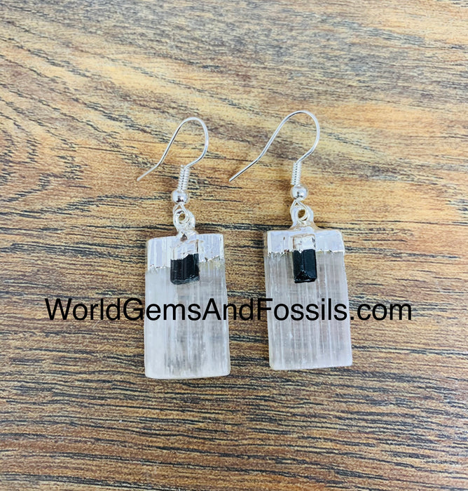 Selenite With Black Tourmaline Earring