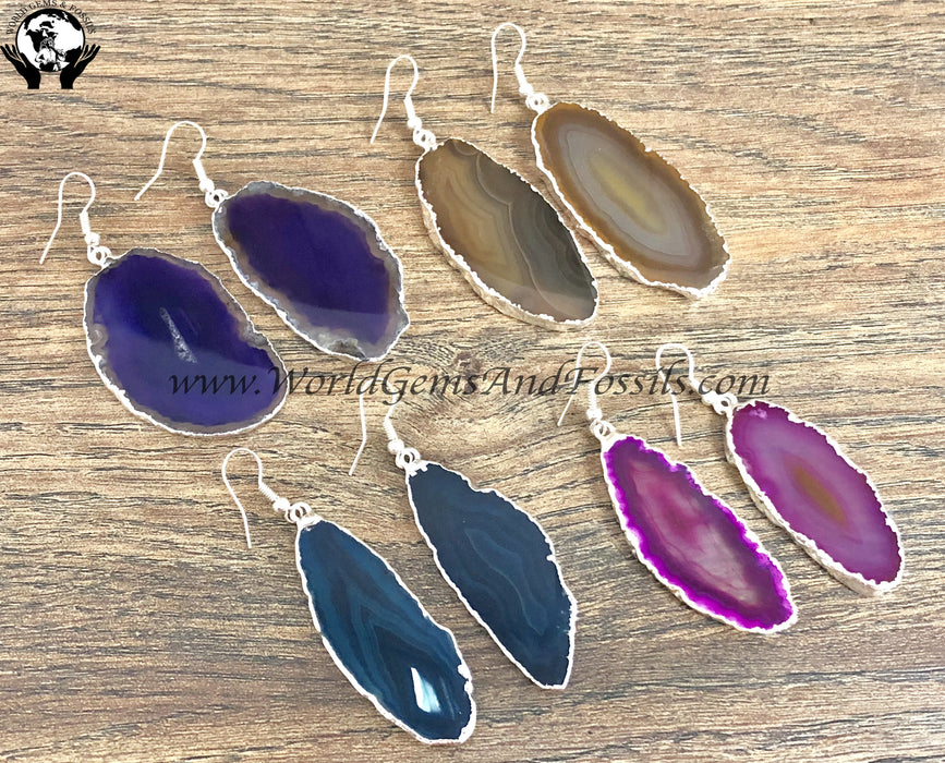 Agate Slice Earrings Silver Plated
