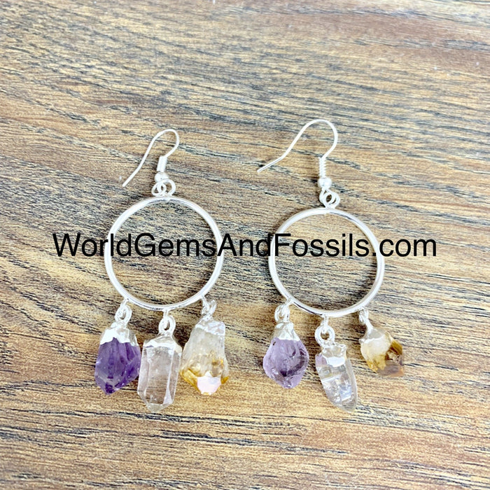 Amethyst Quartz Citrine Three Point Hoop Earring