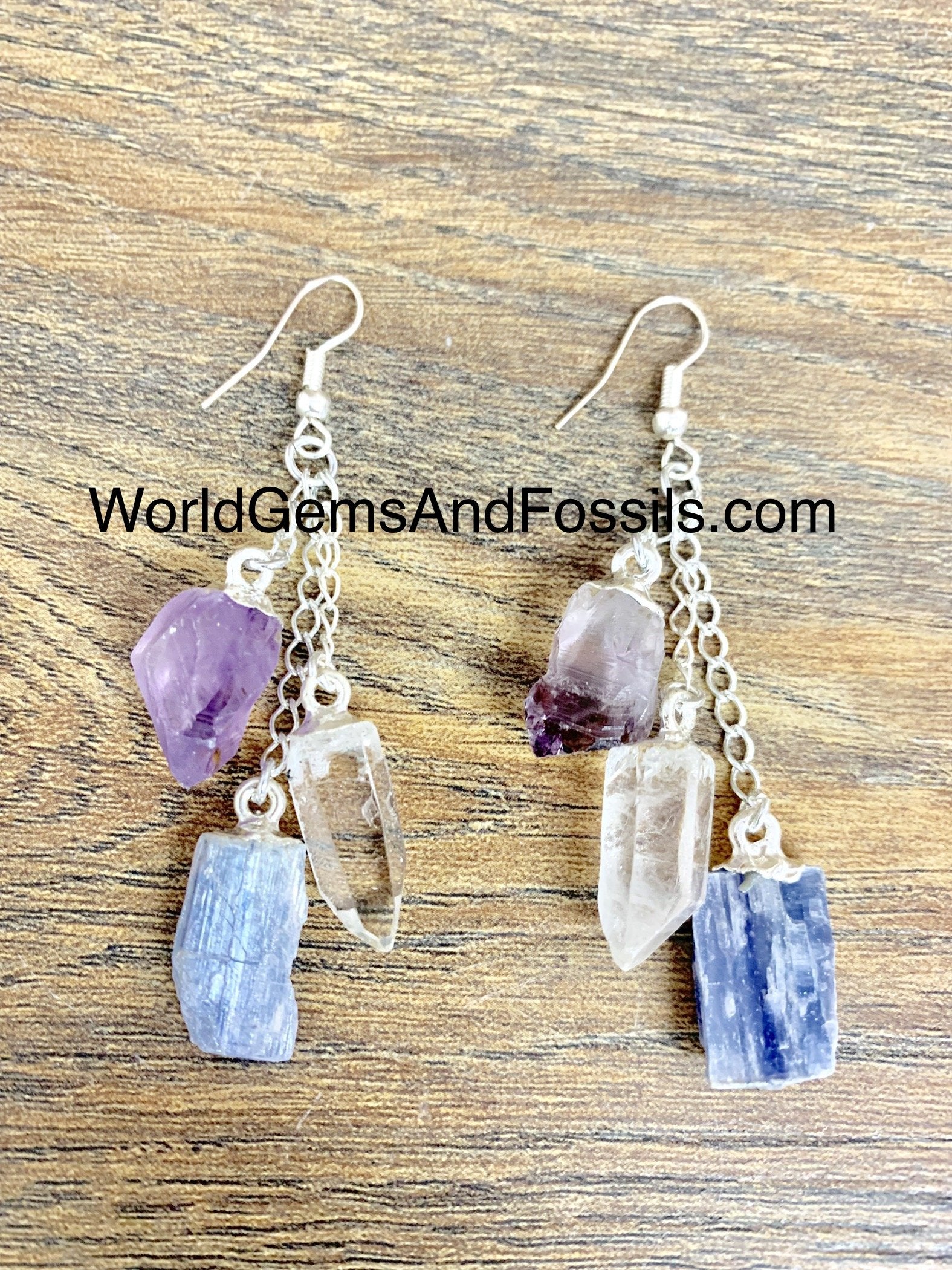 Amethyst Clear Quartz Kyanite Three Point Earring
